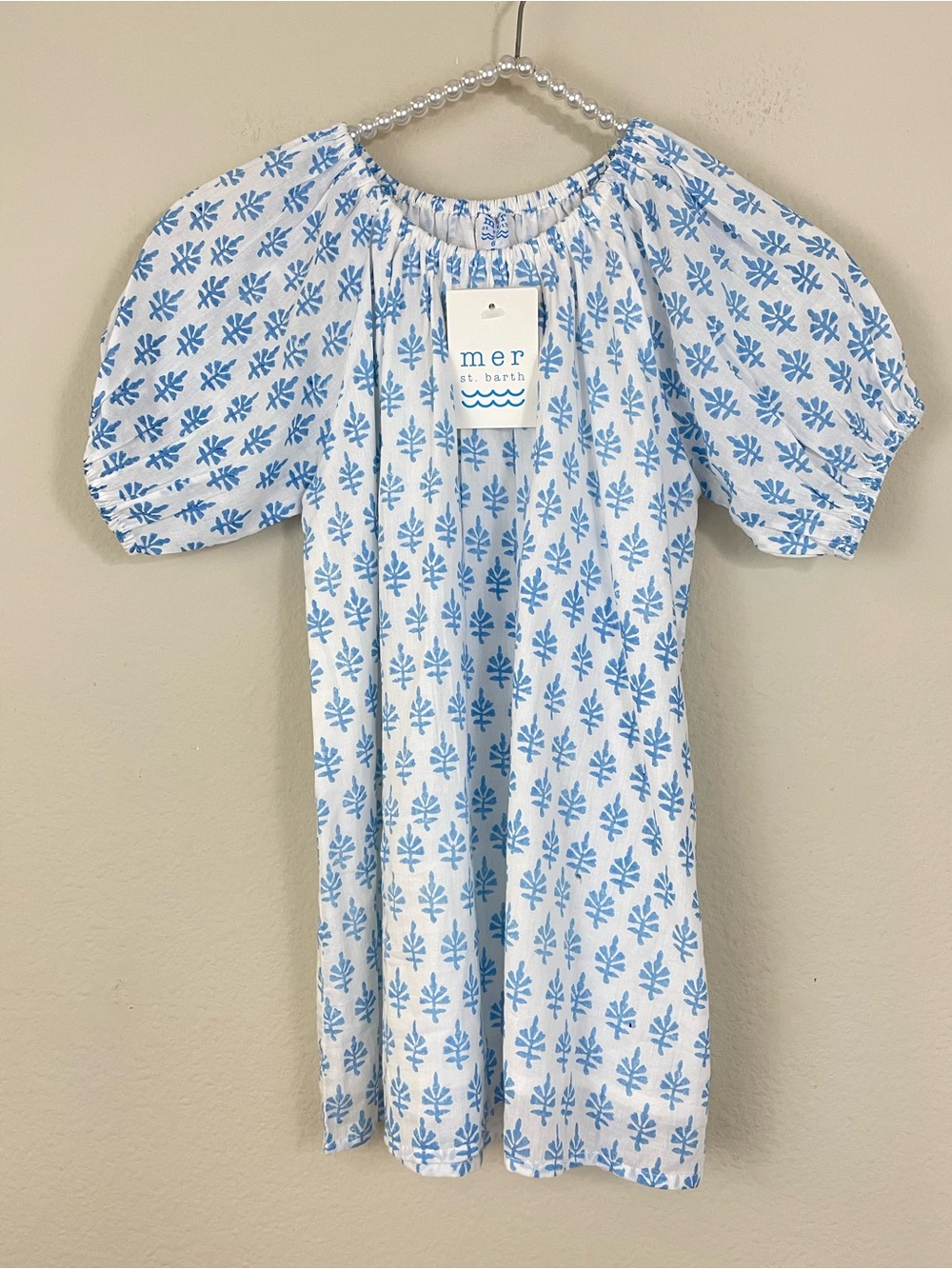 NEW Mer St. Barth Girl’s Blue Block Print Puff Sleeve Stella Dress Size 6